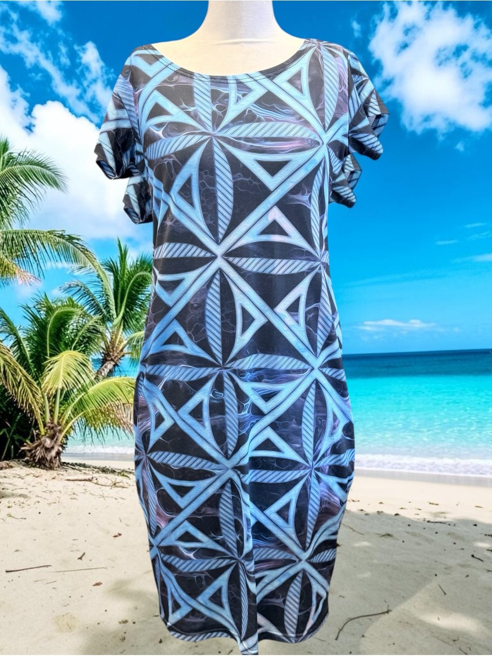 TANOA Women Size S Bodycon Sheath Dress Hawaiian Aloha Tropical Dress Geometric